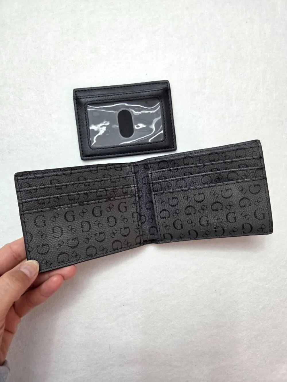 GUESS Monogram Carter Billfold Black Gray Coal Bifold Wallet Removable ID Holder